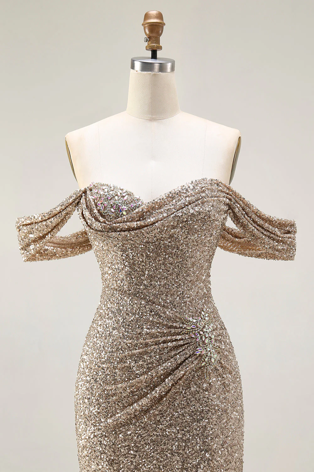 Sparkly Champagne Off the Shoulder Mermaid Sequins Long Prom Dress with Slit - Image 4
