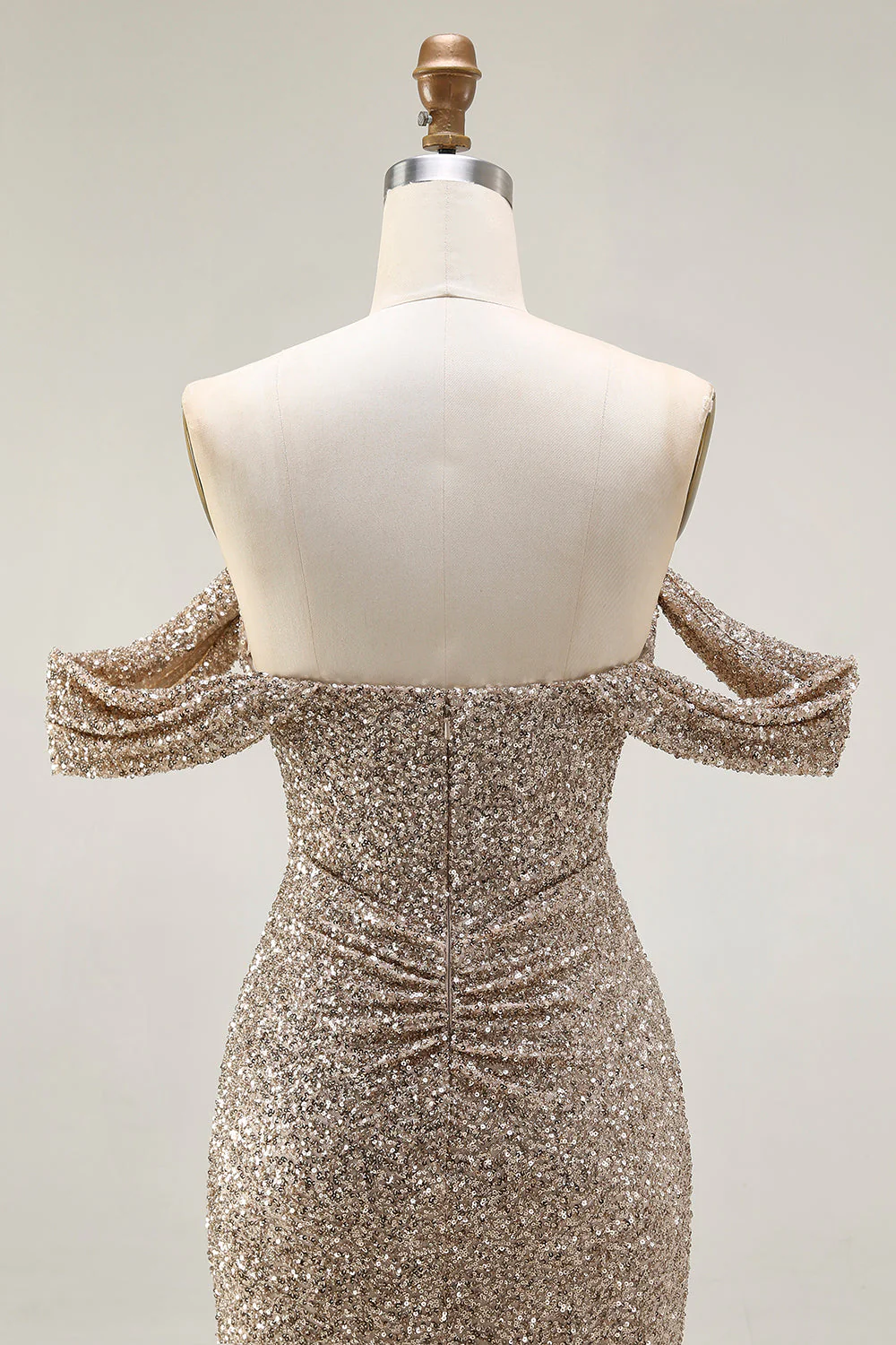 Sparkly Champagne Off the Shoulder Mermaid Sequins Long Prom Dress with Slit - Image 5