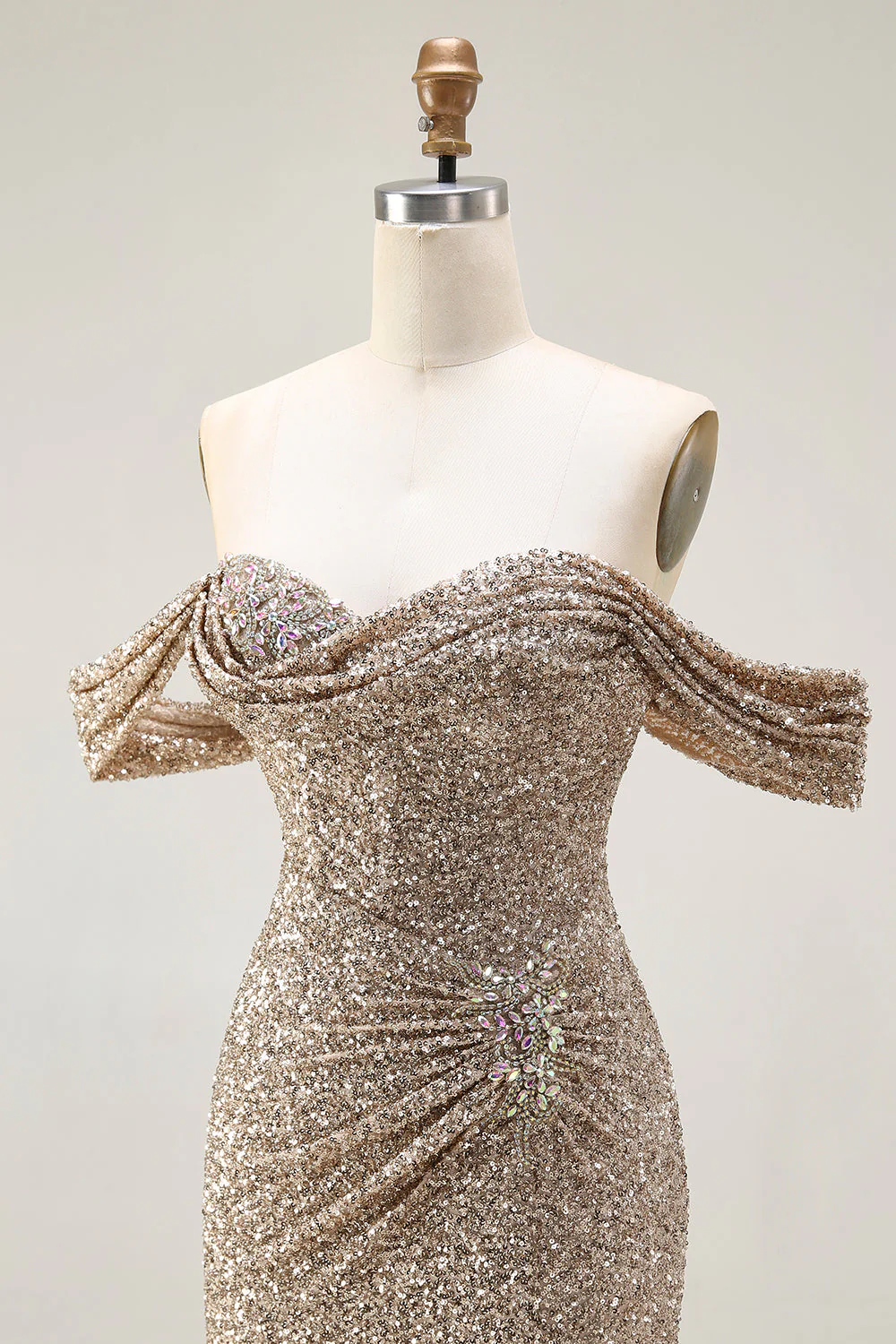 Sparkly Champagne Off the Shoulder Mermaid Sequins Long Prom Dress with Slit - Image 6