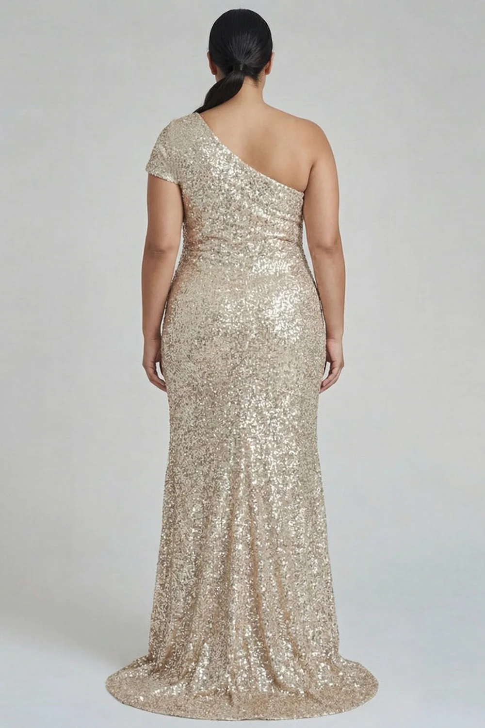 Sparkly Champagne One Shoulder Plus Size Sheath Formal Dress with Sequins - Image 2