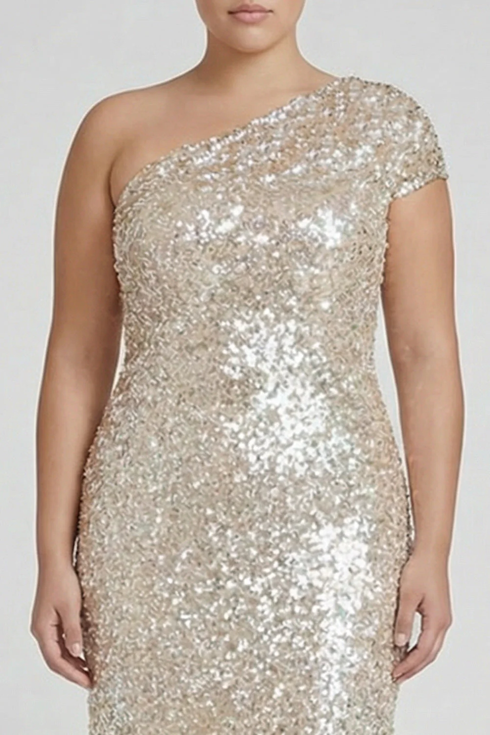 Sparkly Champagne One Shoulder Plus Size Sheath Formal Dress with Sequins - Image 3