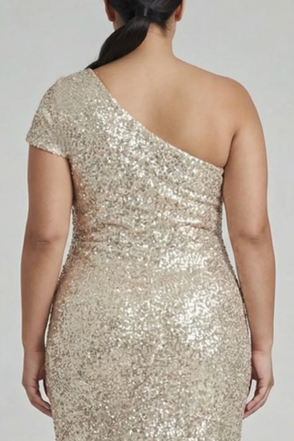 Sparkly Champagne One Shoulder Plus Size Sheath Formal Dress with Sequins - Image 4