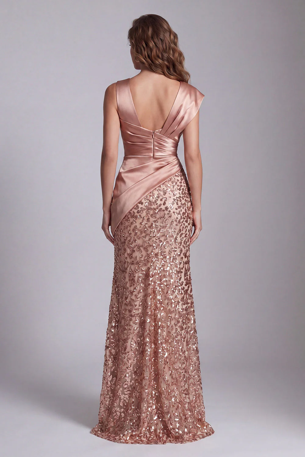 Sparkly Champagne Mermaid Ruched Satin Evening Dress with Slit - Image 2