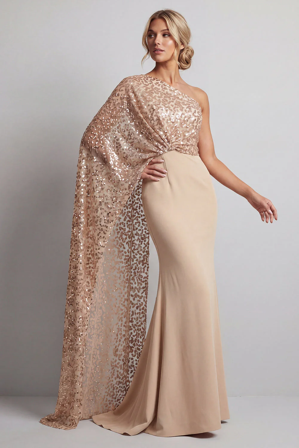 Sparkly Champagne One Shoulder Mermaid Sequin Long Mother Of the Bride Dress - Image 3