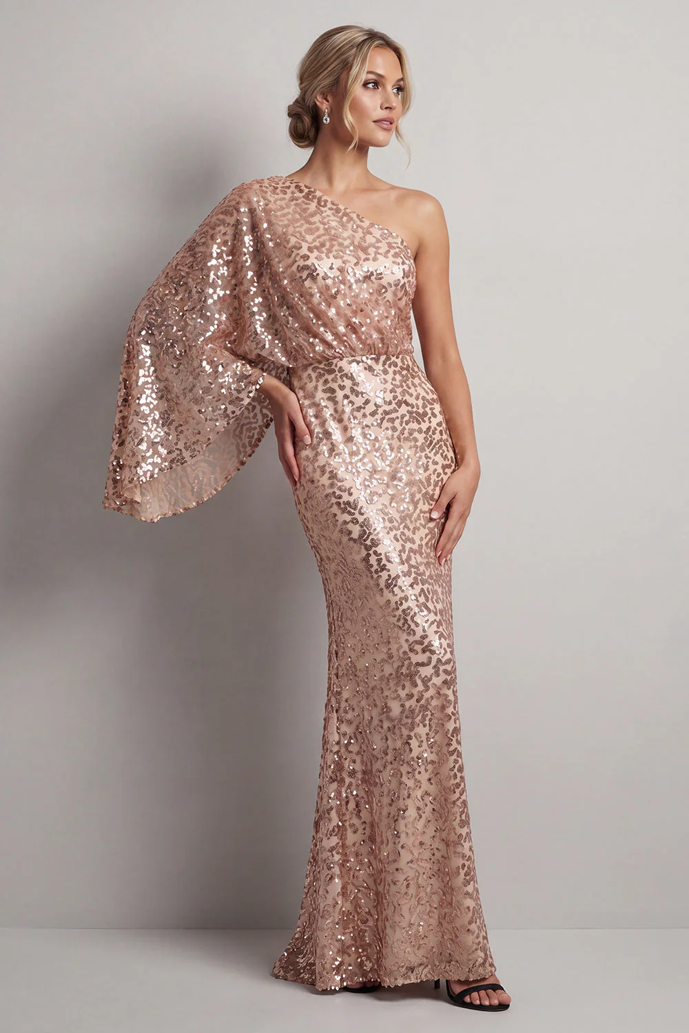 Sparkly Champagne One Shoulder Sheath Sequin Long Mother Of the Bride Dress - Image 3
