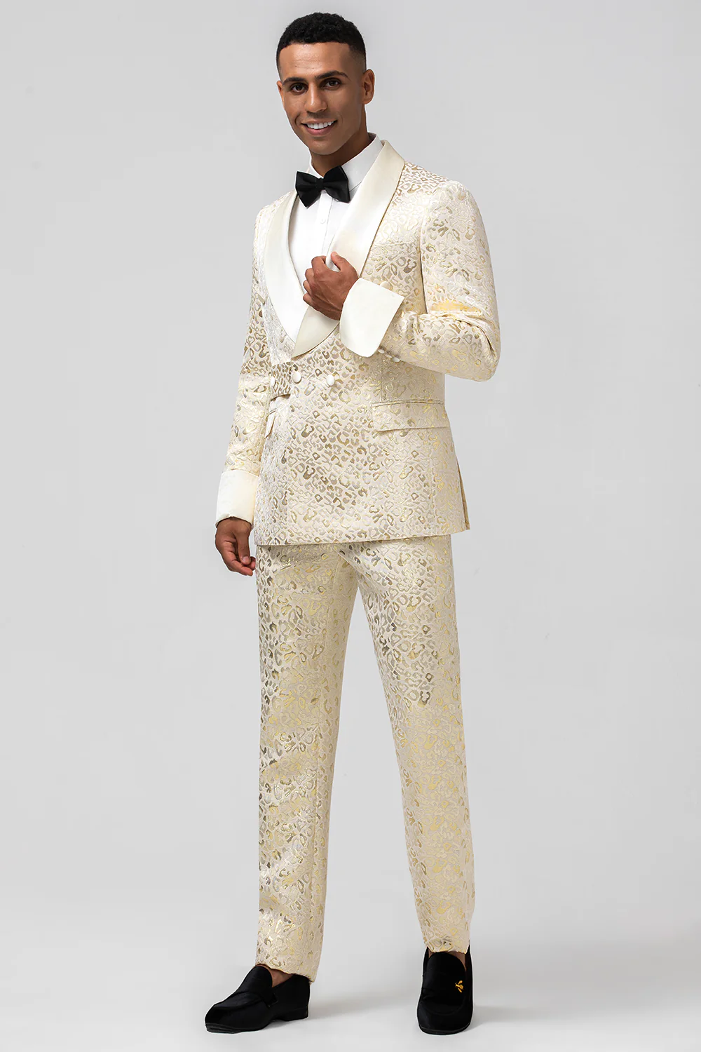 Sparkly Champagne Shawl Lapel Jacquard 2 Pieces Men's Suits - Image 3