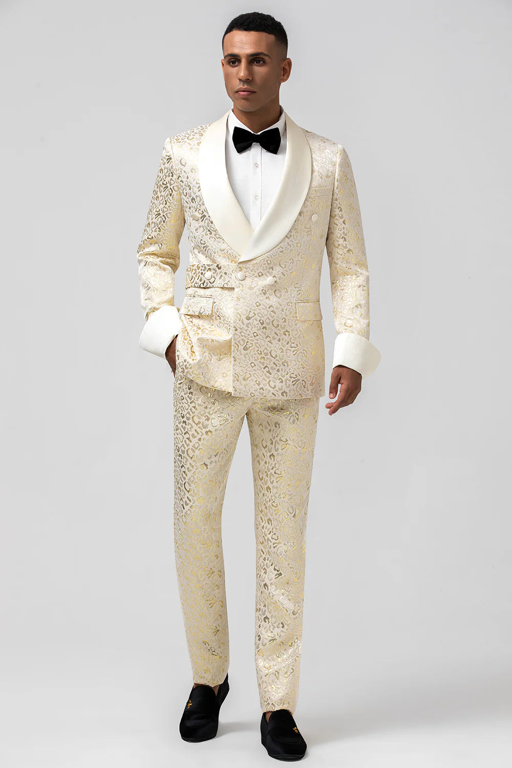 Sparkly Champagne Shawl Lapel Jacquard 2 Pieces Men's Suits - Image 4