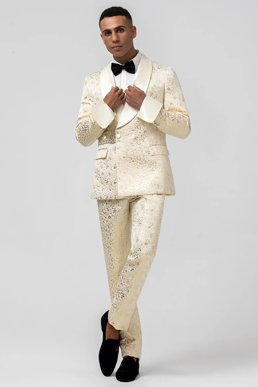 Sparkly Champagne Shawl Lapel Jacquard 2 Pieces Men's Suits - Image 5