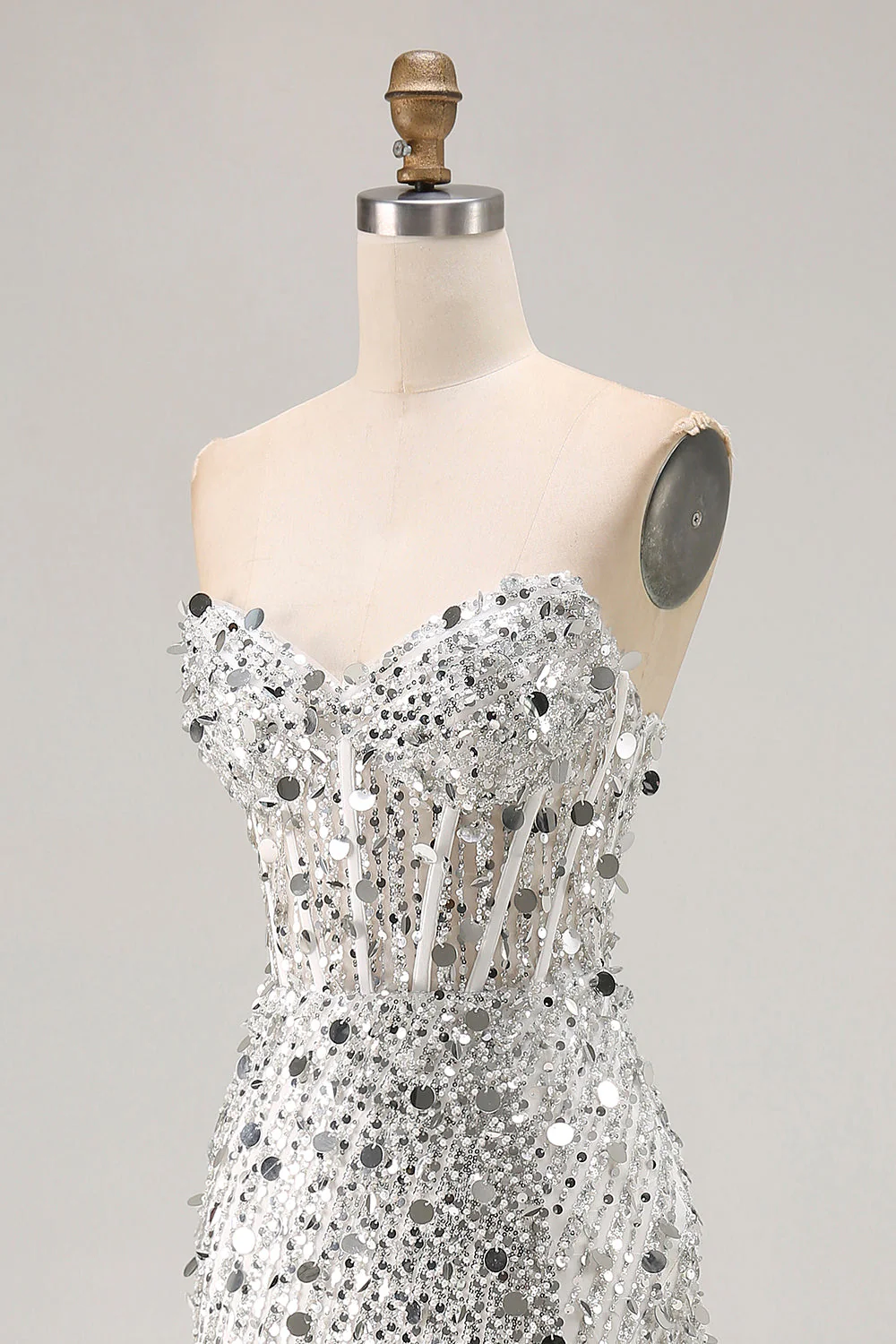 Sparkly Champagne Strapless Sheath Long Prom Dress With Slit - Image 12