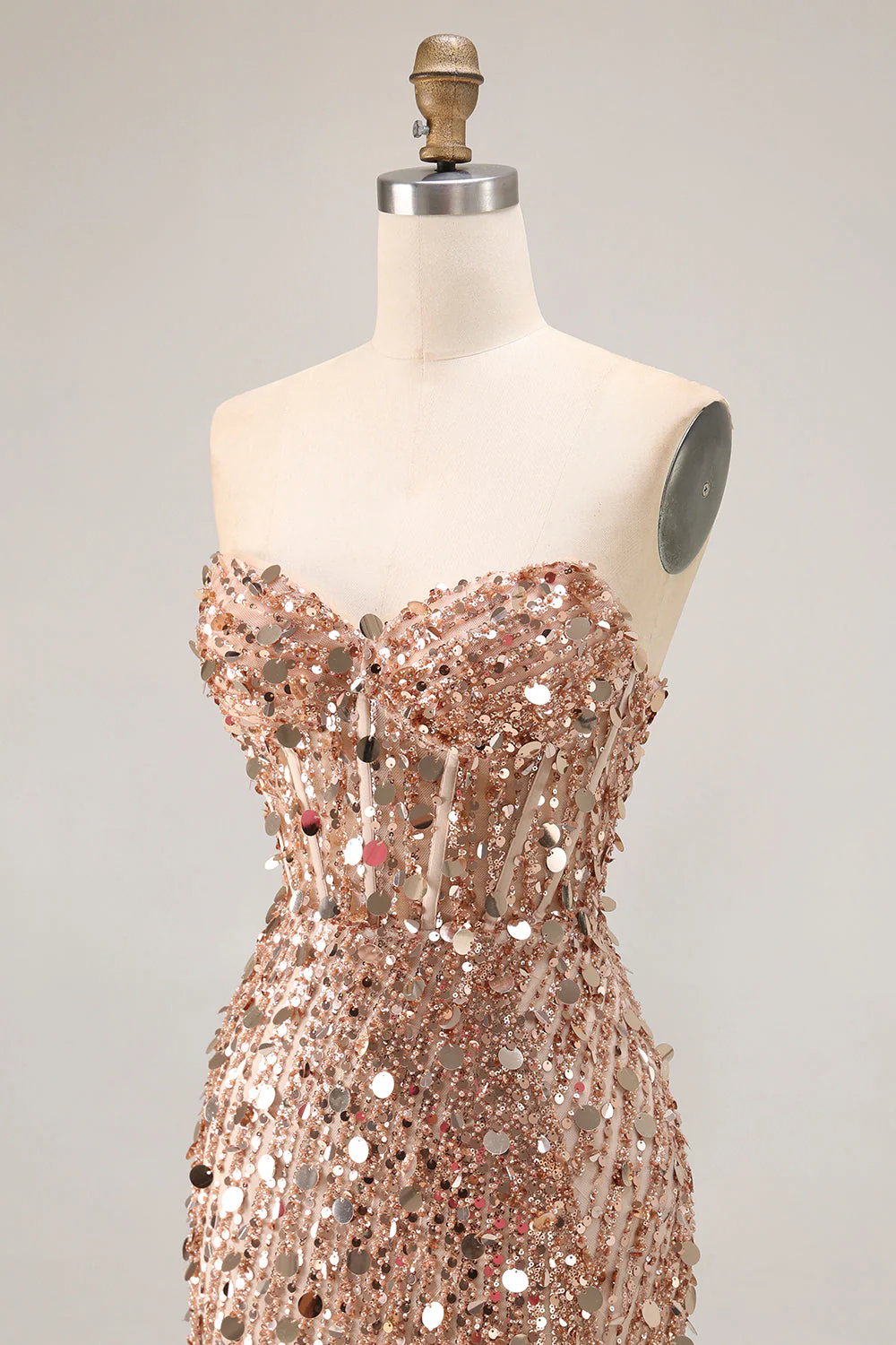 Sparkly Champagne Strapless Sheath Long Prom Dress With Slit - Image 6