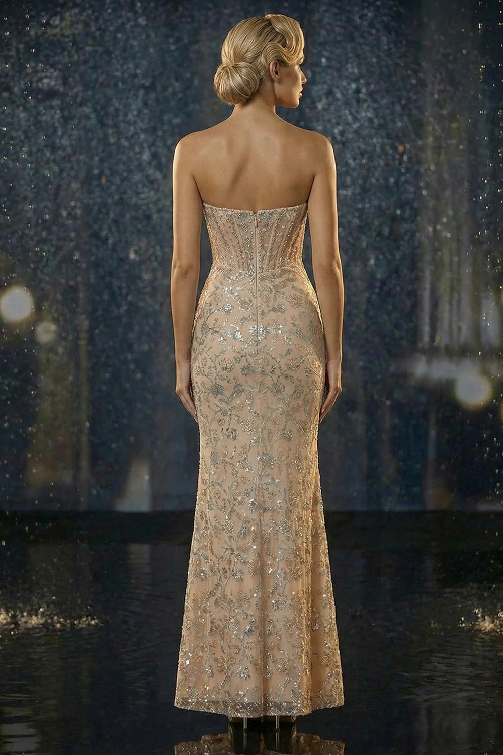 Sparkly Champagne Sweetheart Corset Mermaid Long Evening Dress with Sequins - Image 2