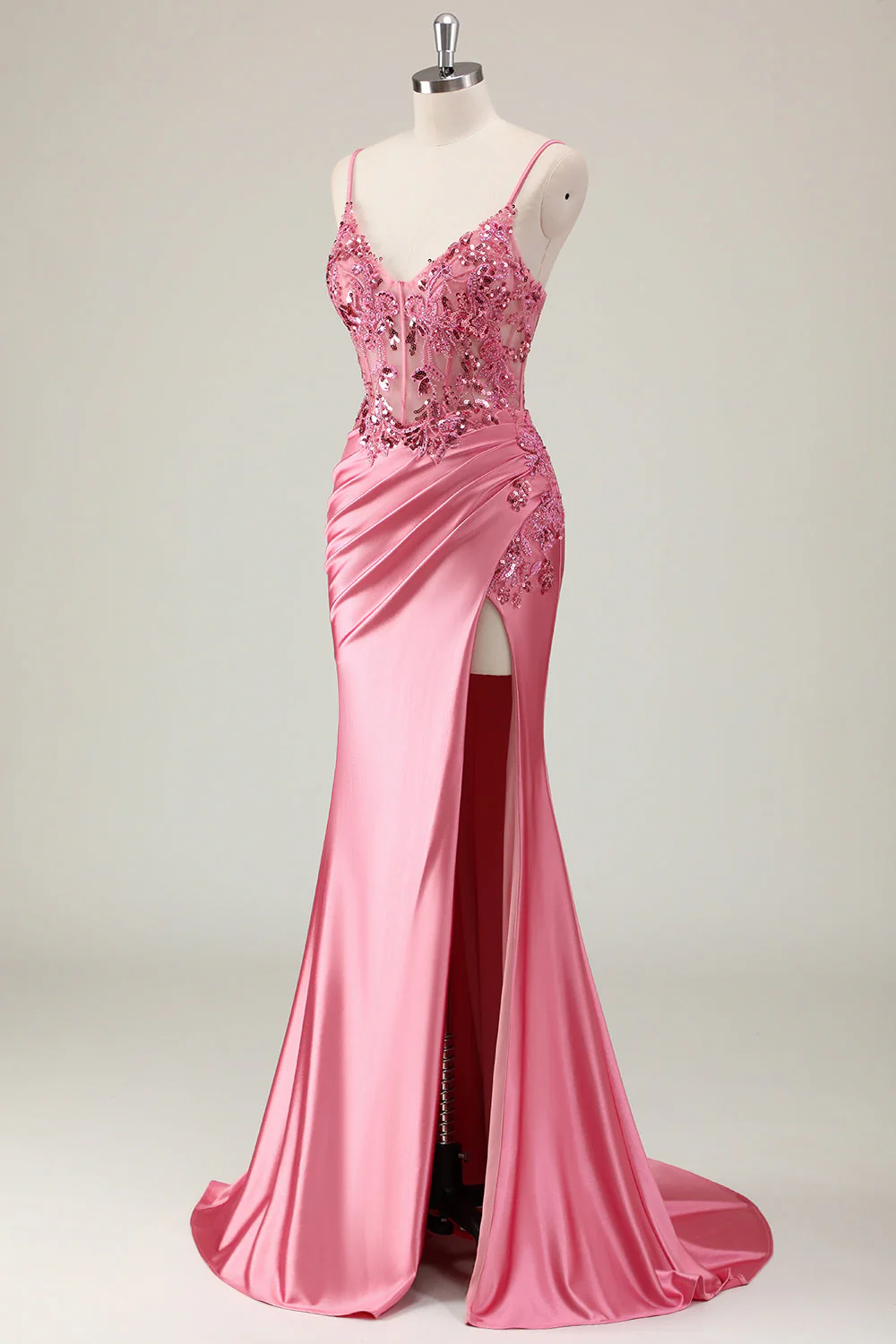 Sparkly Coral Mermaid Sequins Spaghetti Straps Corset Long Prom Dress with Slit - Image 3