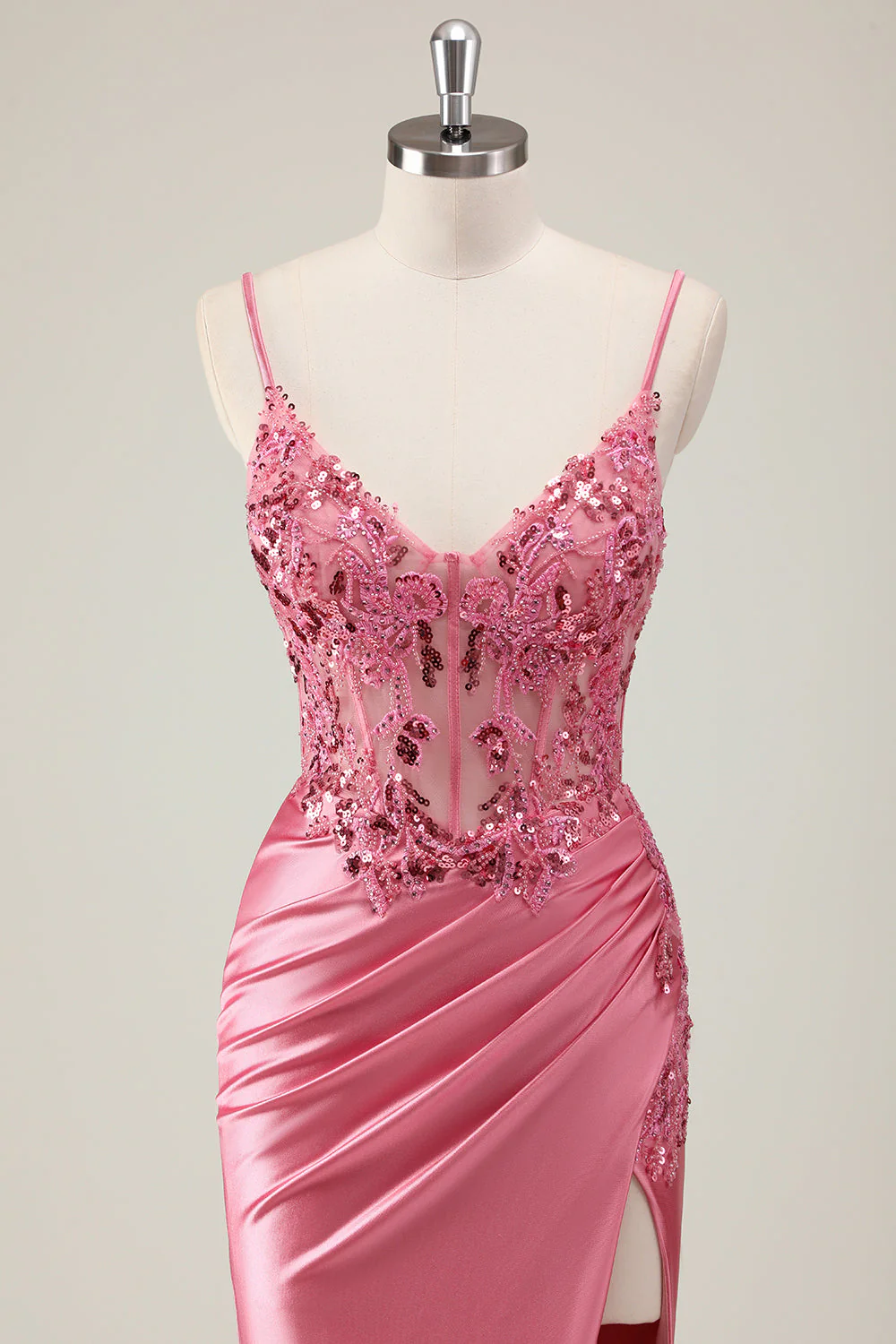 Sparkly Coral Mermaid Sequins Spaghetti Straps Corset Long Prom Dress with Slit - Image 4