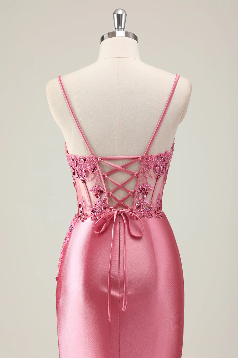 Sparkly Coral Mermaid Sequins Spaghetti Straps Corset Long Prom Dress with Slit - Image 5