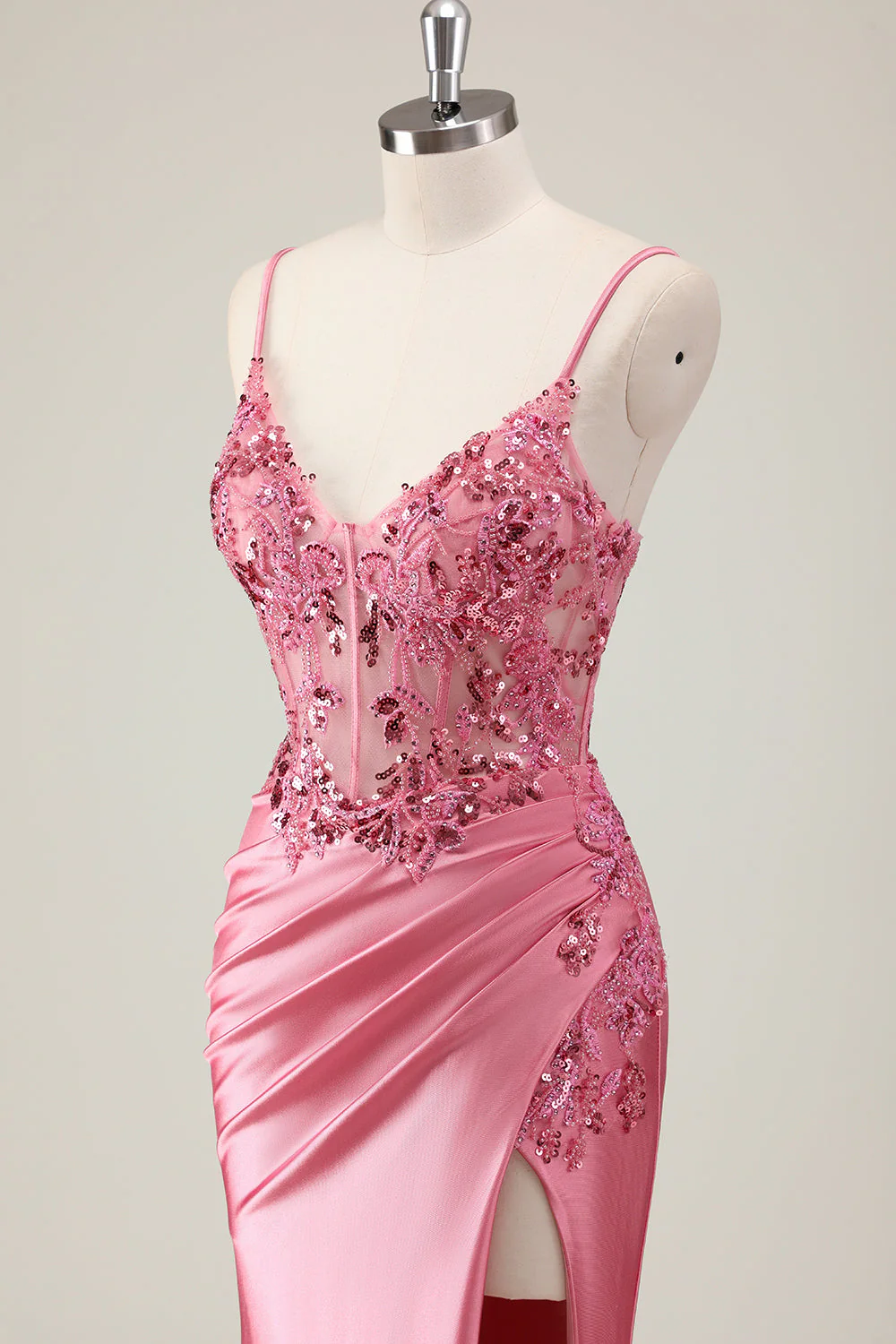 Sparkly Coral Mermaid Sequins Spaghetti Straps Corset Long Prom Dress with Slit - Image 6