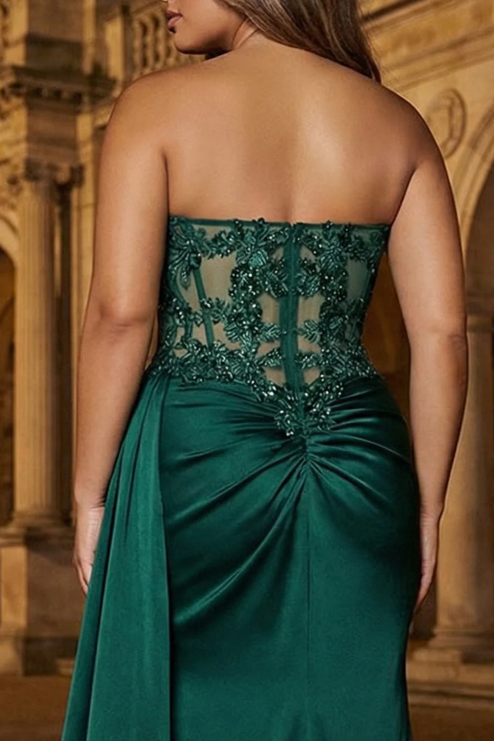 Sparkly Dark Green Corset Mermaid Sweetheart Long Plus Size Prom Dress with Slit - Image 4