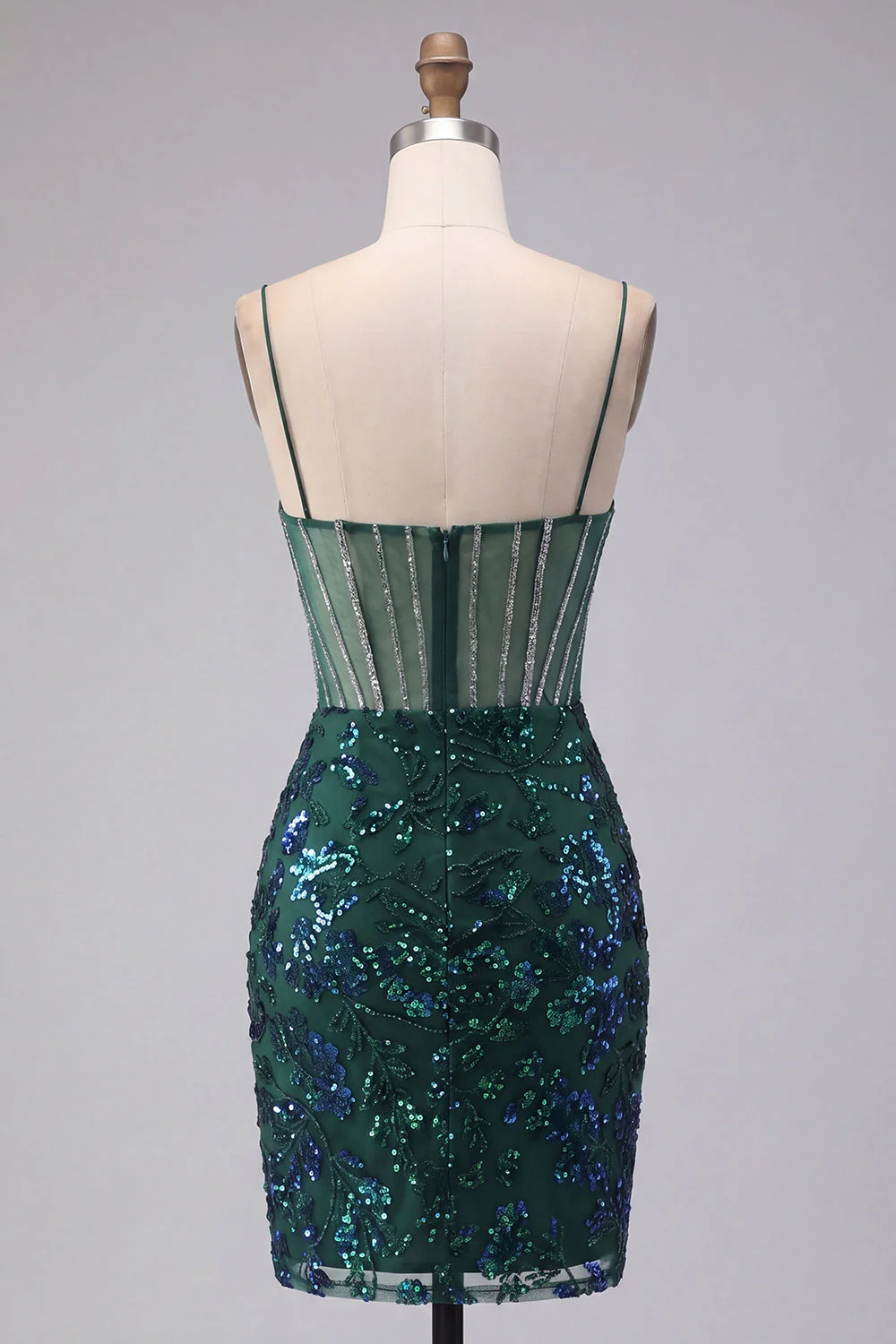 Sparkly Dark Green Sheer Corset Bodycon Sequin Cocktail Dress - Image 2
