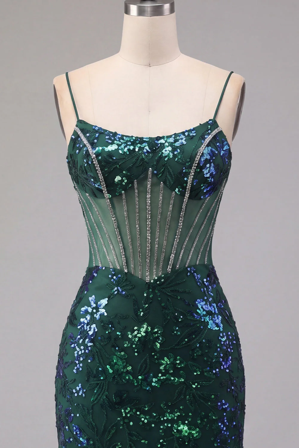 Sparkly Dark Green Sheer Corset Bodycon Sequin Cocktail Dress - Image 7