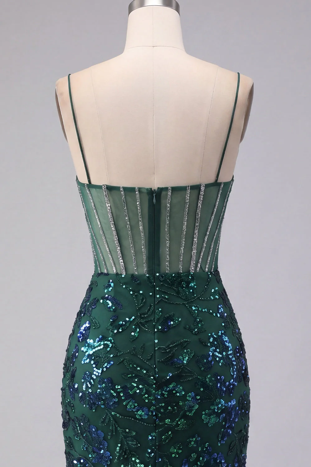 Sparkly Dark Green Sheer Corset Bodycon Sequin Cocktail Dress - Image 8