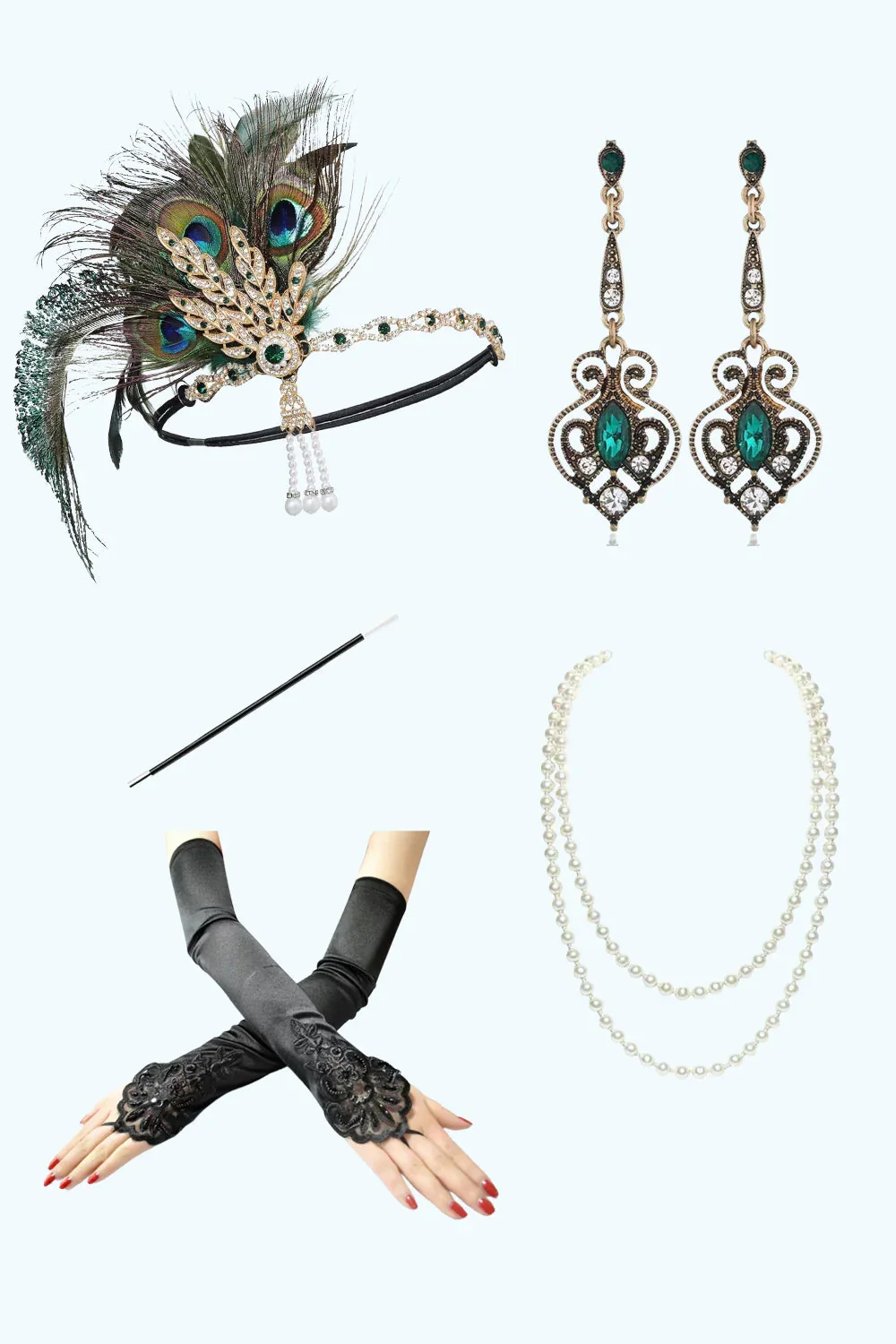 Sparkly Dark Green Fringed Bodycon 1920s Dress With 5-Piece Accessories Set - Image 3