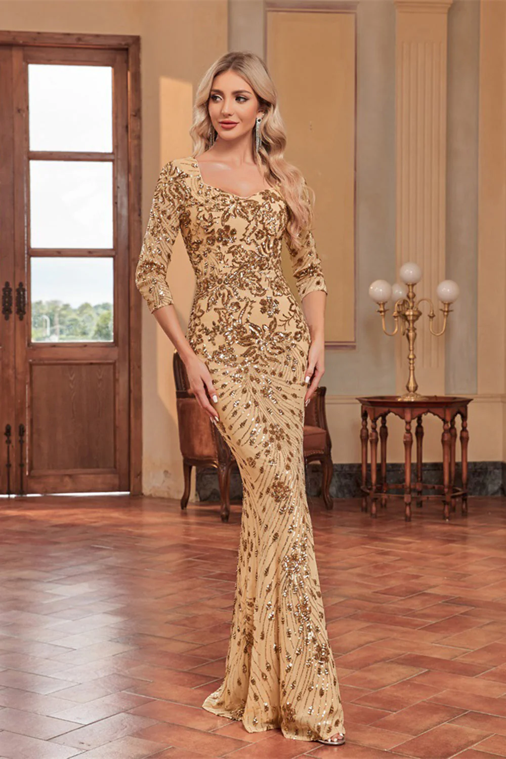 Sparkly Dark Green Mermaid Sequins Long Choir Dress with 3/4 Sleeves - Image 10