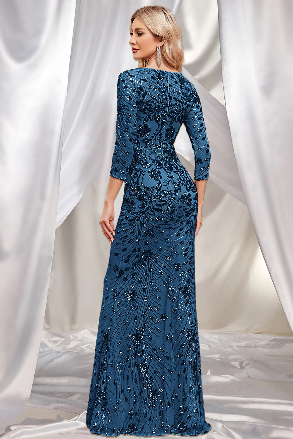 Sparkly Dark Green Mermaid Sequins Long Choir Dress with 3/4 Sleeves - Image 14