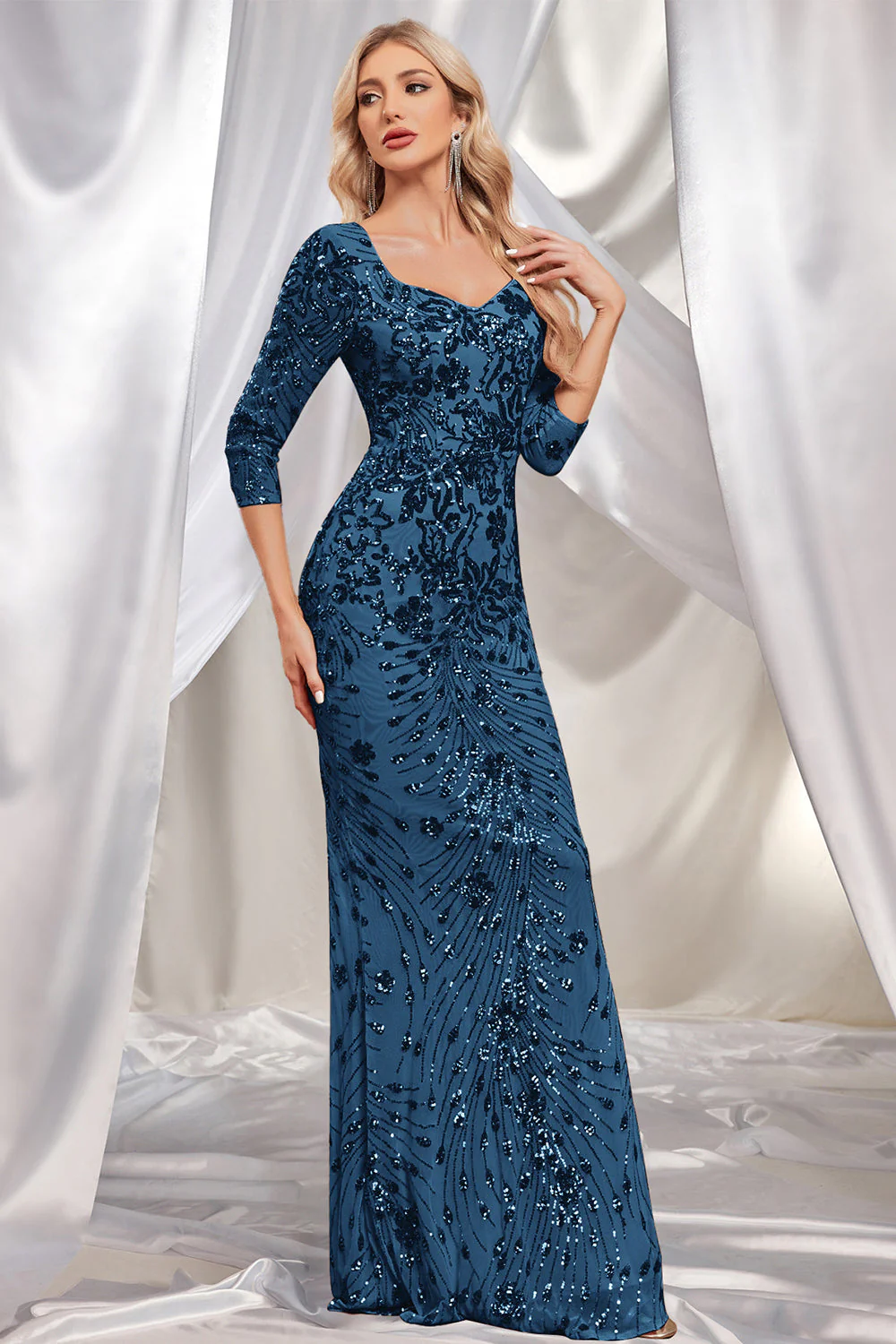 Sparkly Dark Green Mermaid Sequins Long Choir Dress with 3/4 Sleeves - Image 17