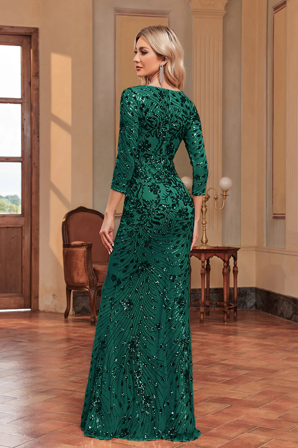 Sparkly Dark Green Mermaid Sequins Long Choir Dress with 3/4 Sleeves - Image 2