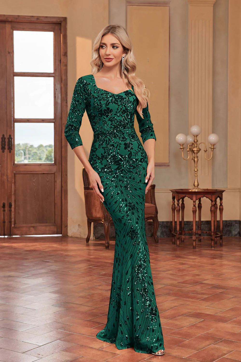 Sparkly Dark Green Mermaid Sequins Long Choir Dress with 3/4 Sleeves - Image 4