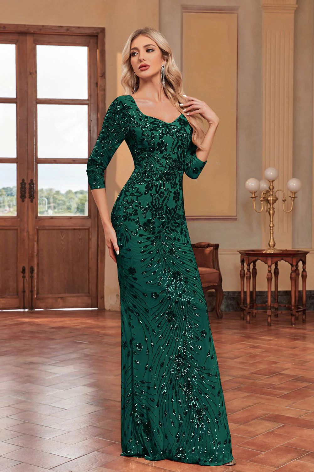 Sparkly Dark Green Mermaid Sequins Long Choir Dress with 3/4 Sleeves - Image 5