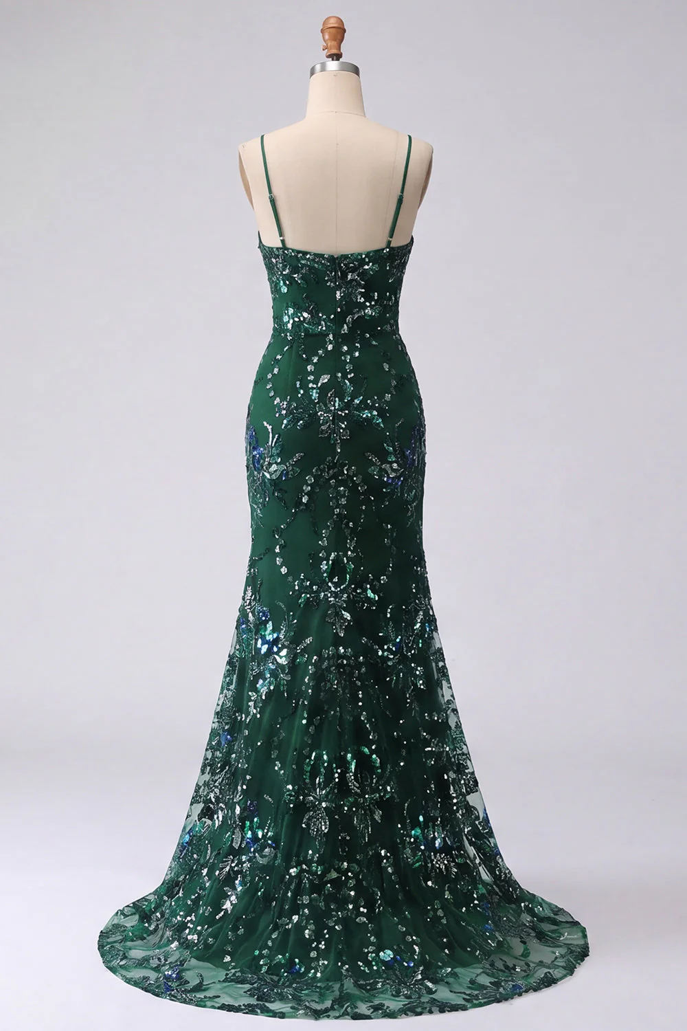 Sparkly Dark Green Mermaid Spaghetti Straps Sequin Long Prom Dress with Slit - Image 2