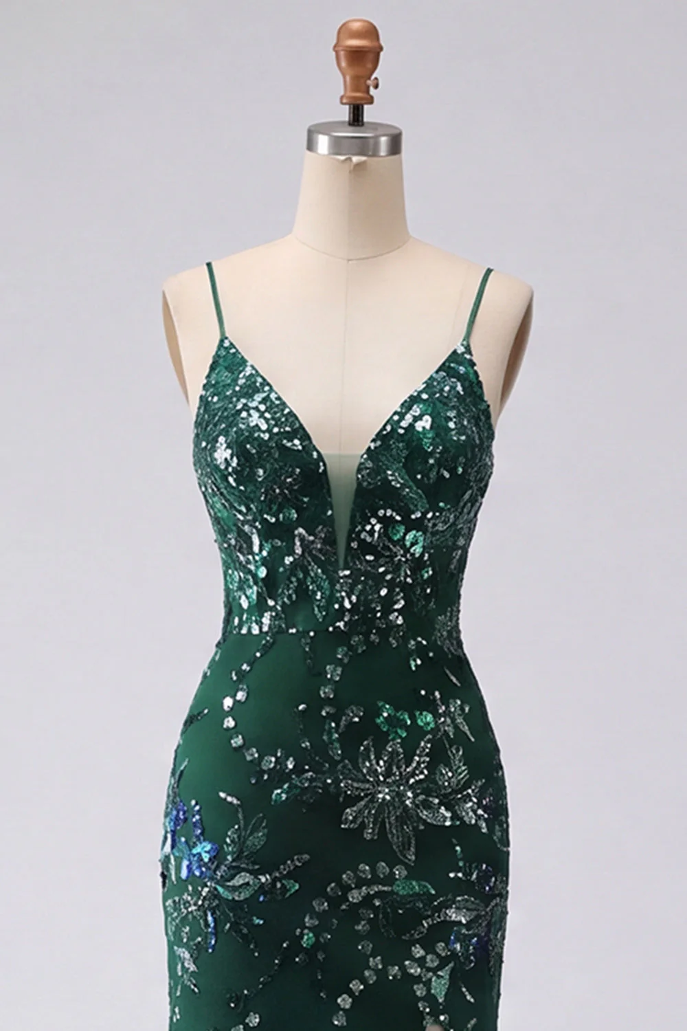 Sparkly Dark Green Mermaid Spaghetti Straps Sequin Long Prom Dress with Slit - Image 3