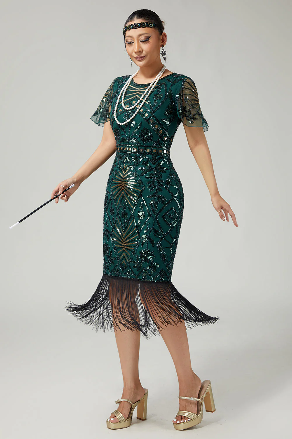 Sparkly Dark Green Pencil 1920s Dress With Fringes - Image 3