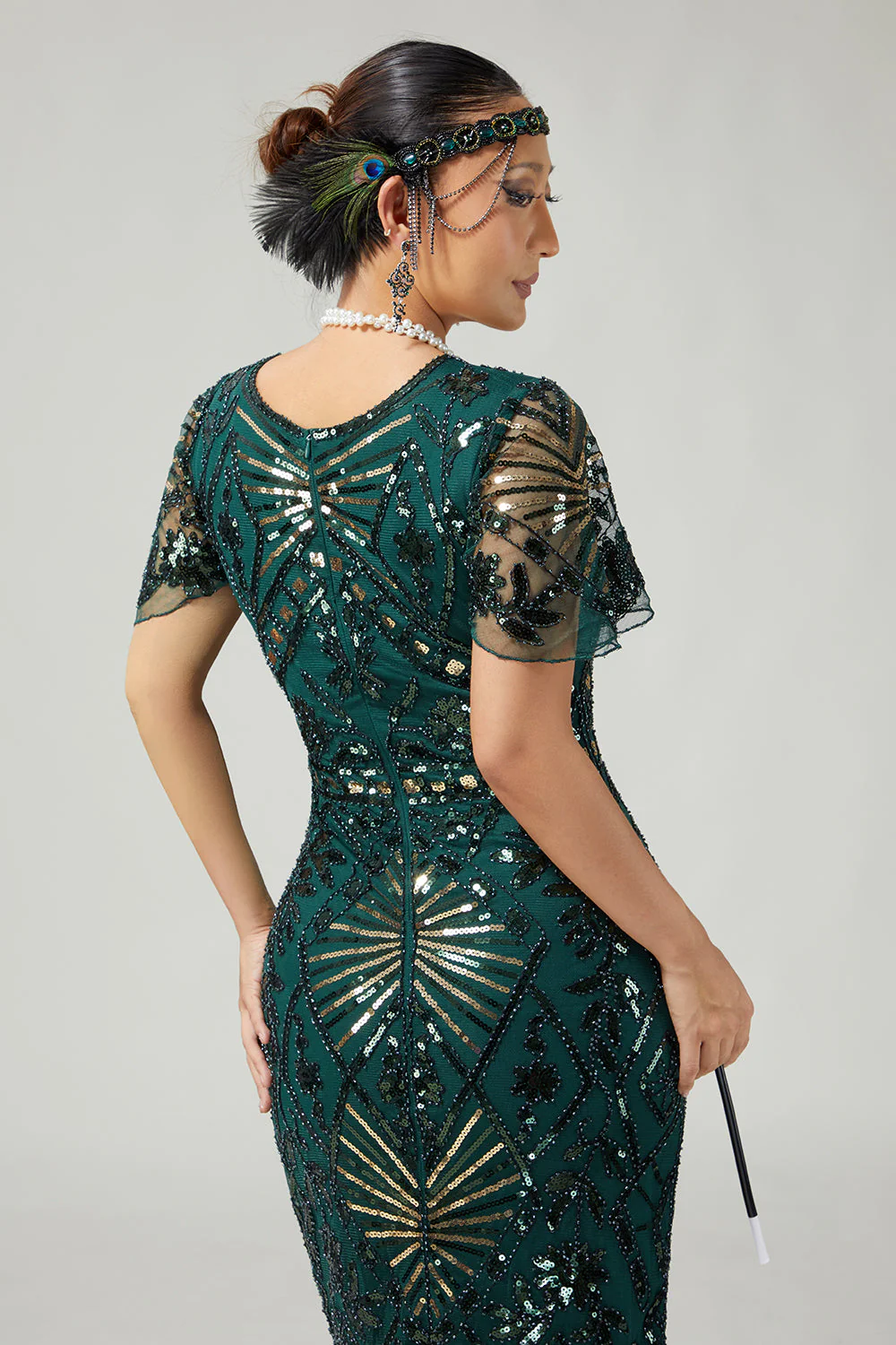 Sparkly Dark Green Pencil 1920s Dress With Fringes - Image 5