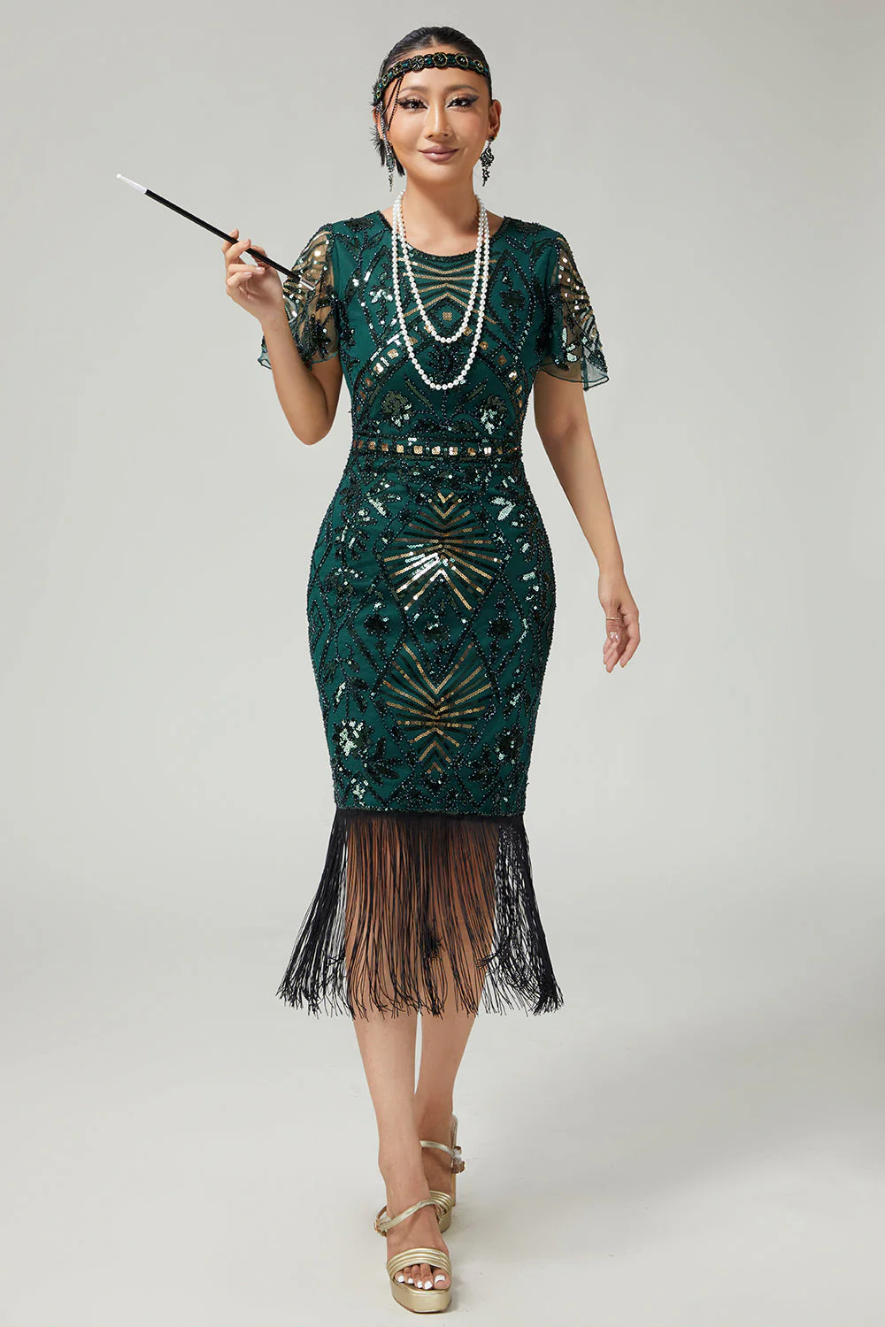 Sparkly Dark Green Pencil 1920s Dress With Fringes - Image 6