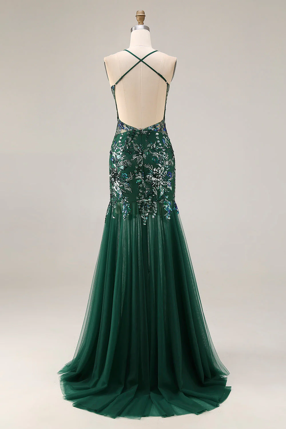 Sparkly Dark Green Sheath Open Back Long Prom Dress with Sequins - Image 2