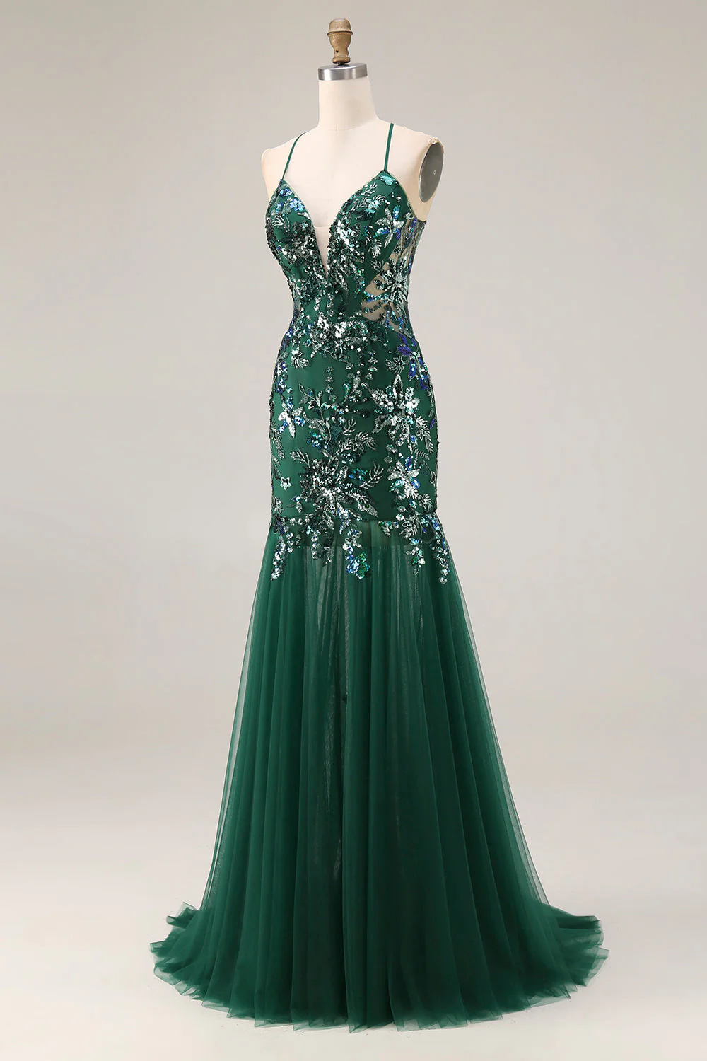 Sparkly Dark Green Sheath Open Back Long Prom Dress with Sequins - Image 3