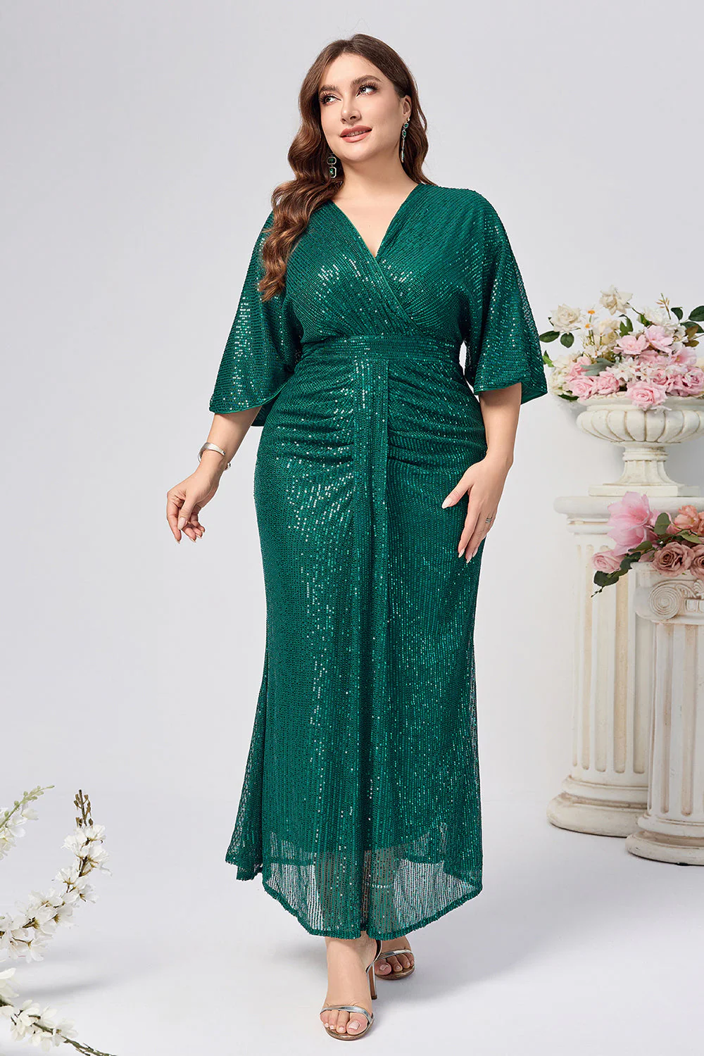 Sparkly Dark Green Sheath Ruched Long Choir Dress with Sequins - Image 2