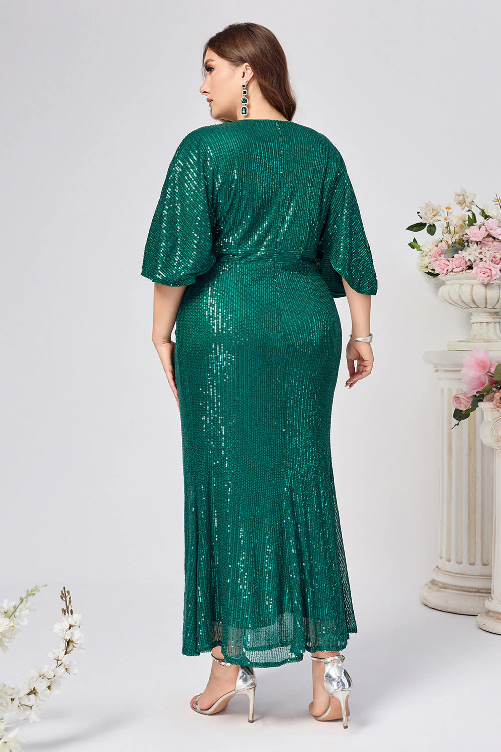 Sparkly Dark Green Sheath Ruched Long Choir Dress with Sequins - Image 3