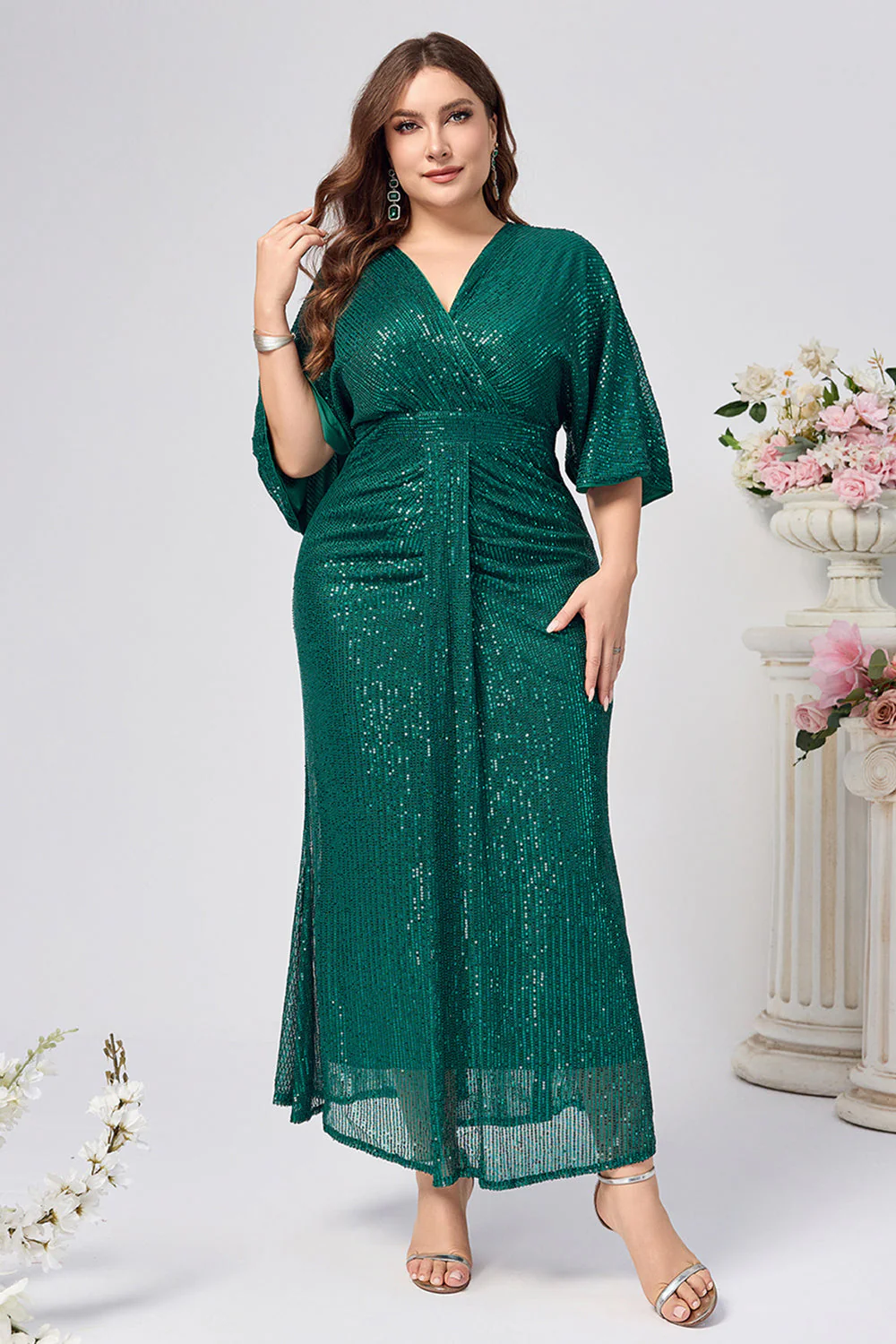 Sparkly Dark Green Sheath Ruched Long Choir Dress with Sequins - Image 4