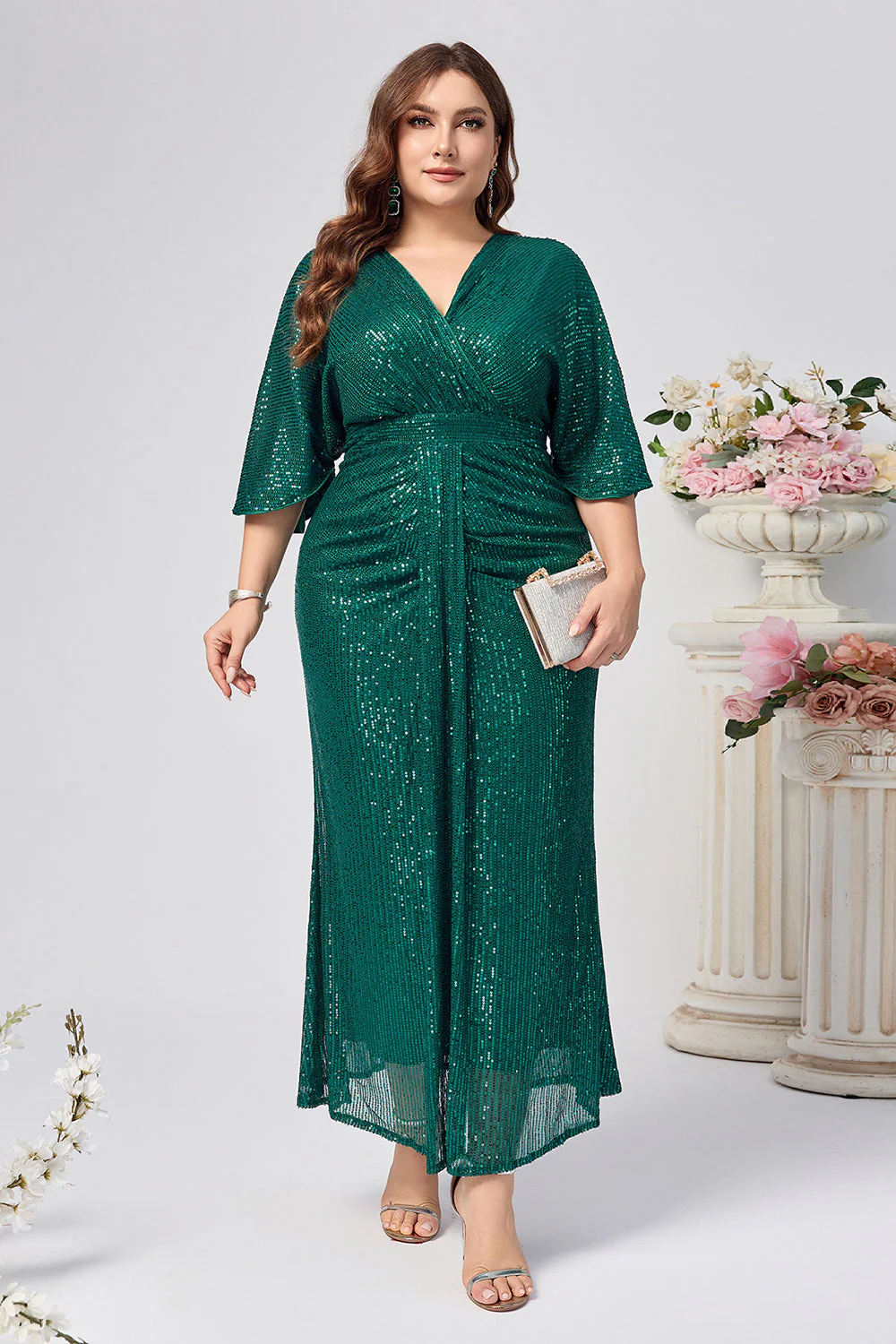 Sparkly Dark Green Sheath Ruched Long Choir Dress with Sequins - Image 5