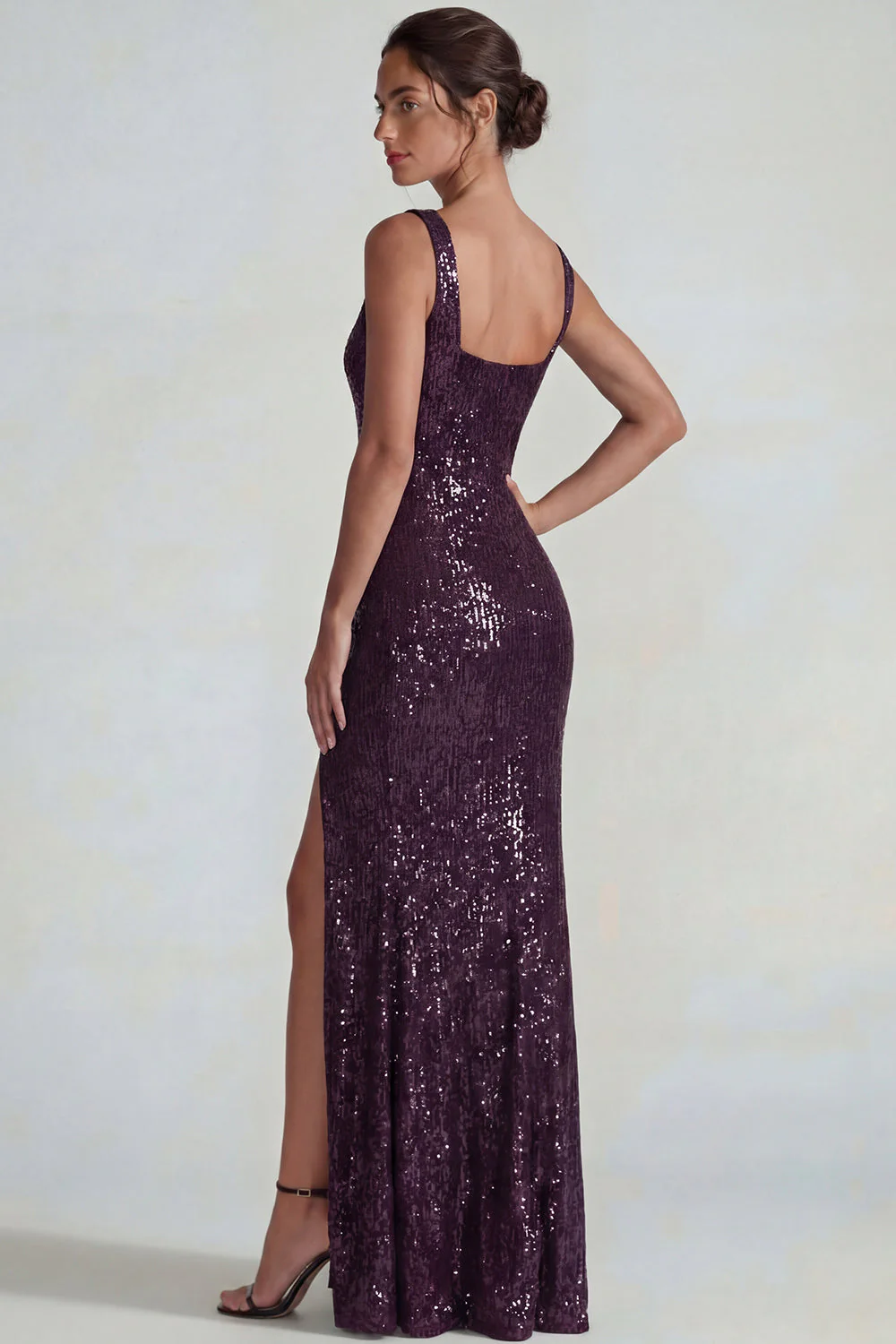 Sparkly Dark Purple Square Neck Sequins Sheath Long Evening Dress with Slit - Image 2