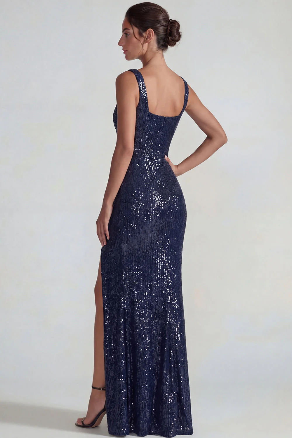 Sparkly Dark Purple Square Neck Sequins Sheath Long Evening Dress with Slit - Image 6