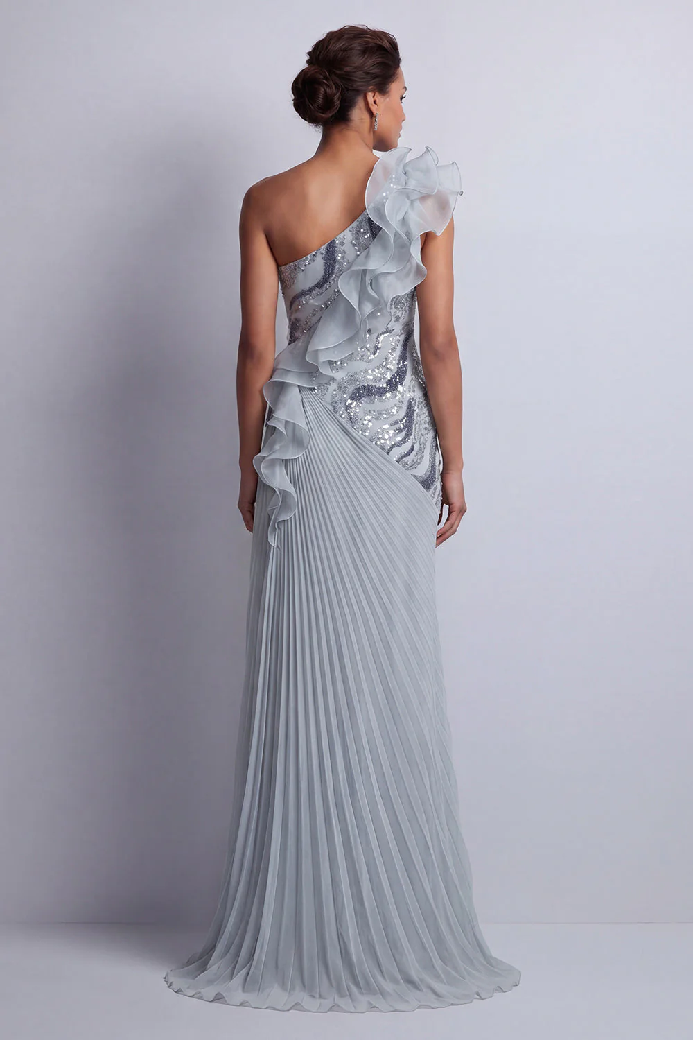 Dusty Blue One Shoulder Sheath Ruffled Long Mother Of the Bride Dress - Image 2