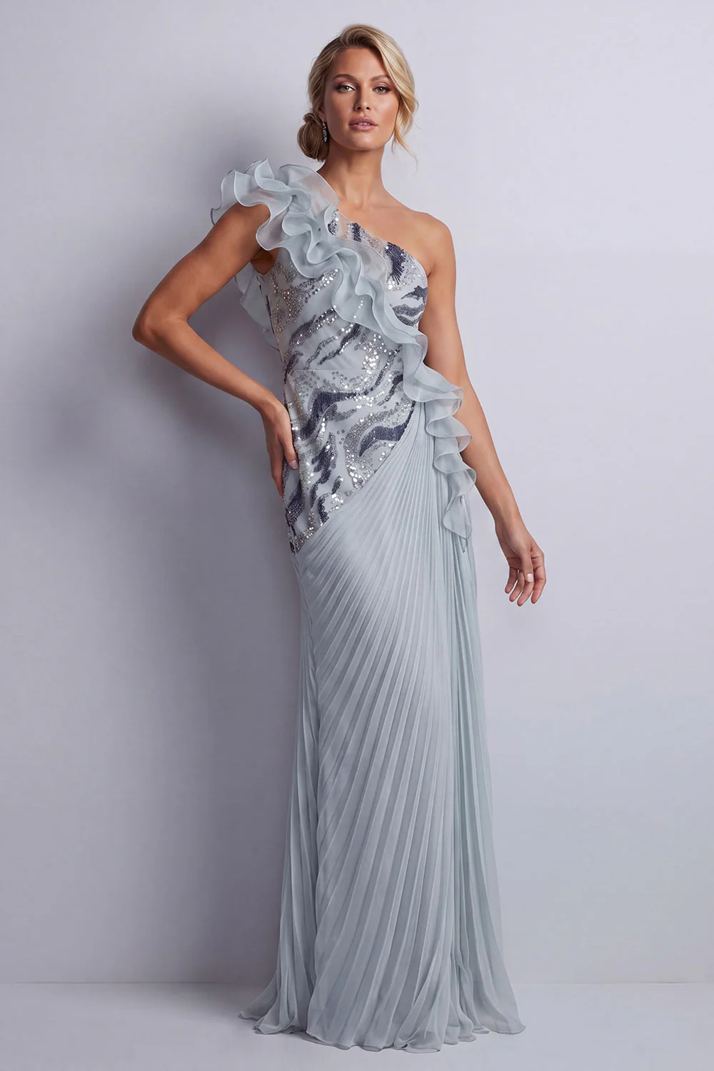 Dusty Blue One Shoulder Sheath Ruffled Long Mother Of the Bride Dress - Image 3