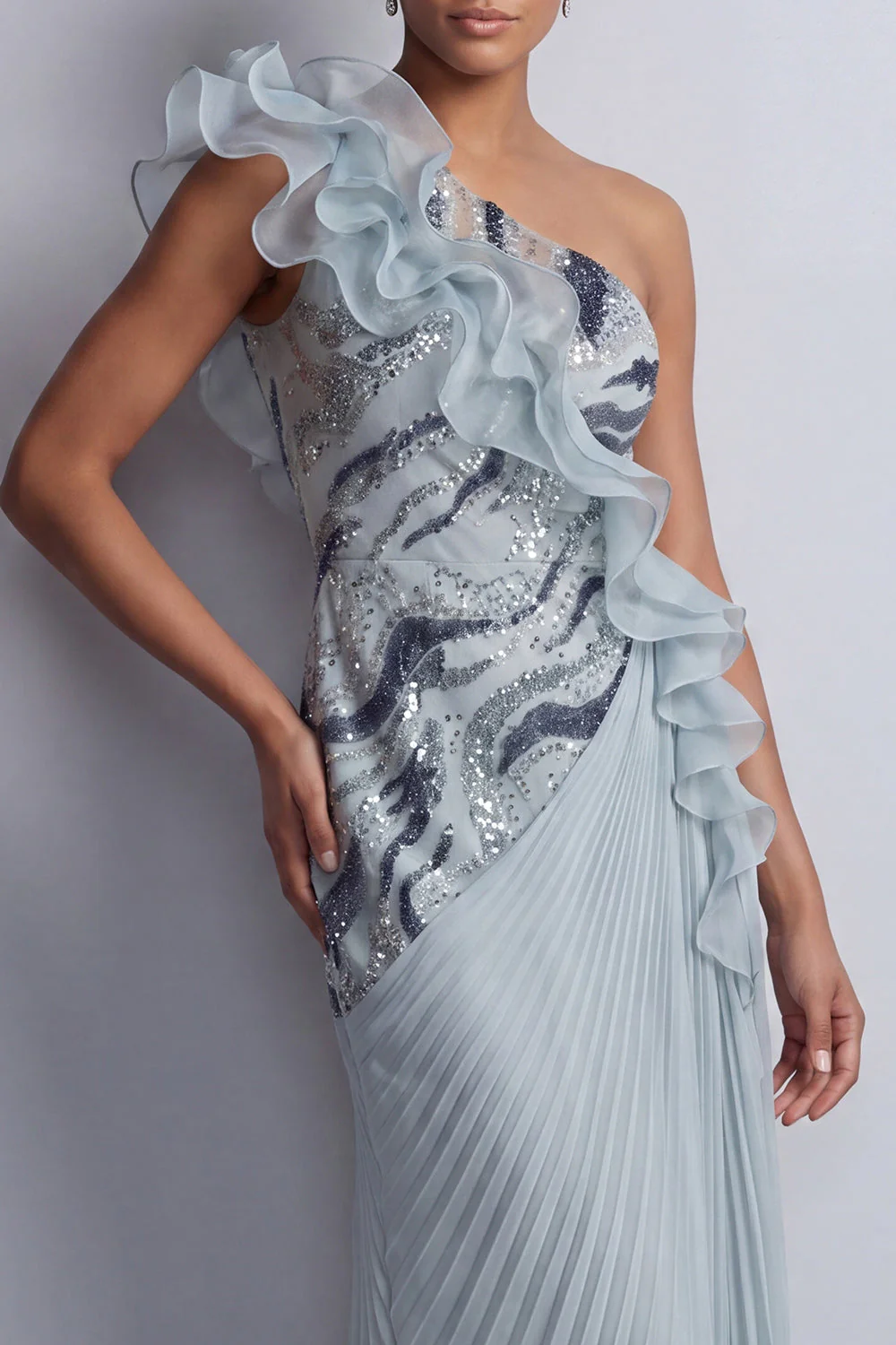 Dusty Blue One Shoulder Sheath Ruffled Long Mother Of the Bride Dress - Image 4