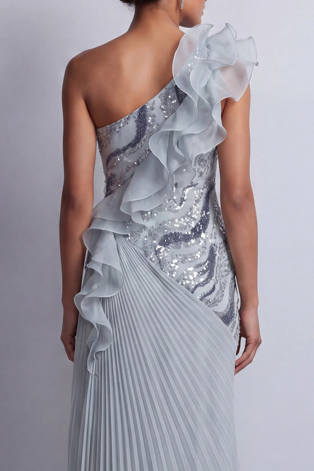 Dusty Blue One Shoulder Sheath Ruffled Long Mother Of the Bride Dress - Image 5