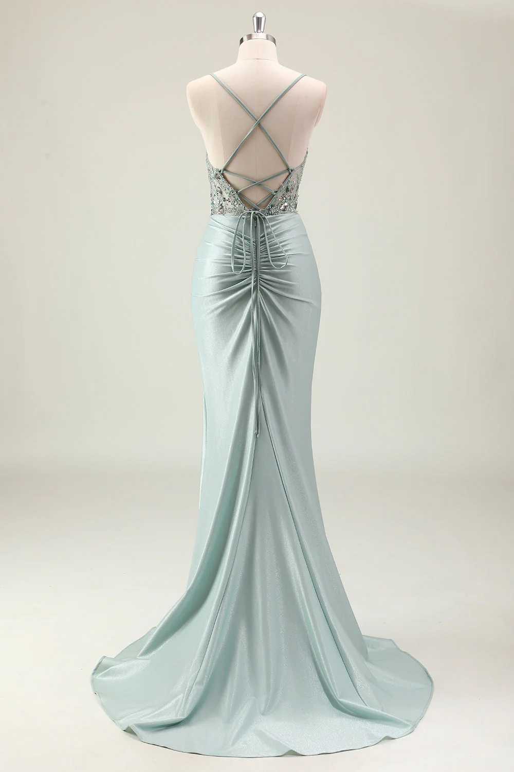 Sparkly Dusty Green Mermaid Sequins Spaghetti Straps Long Prom Dress with Slit - Image 2