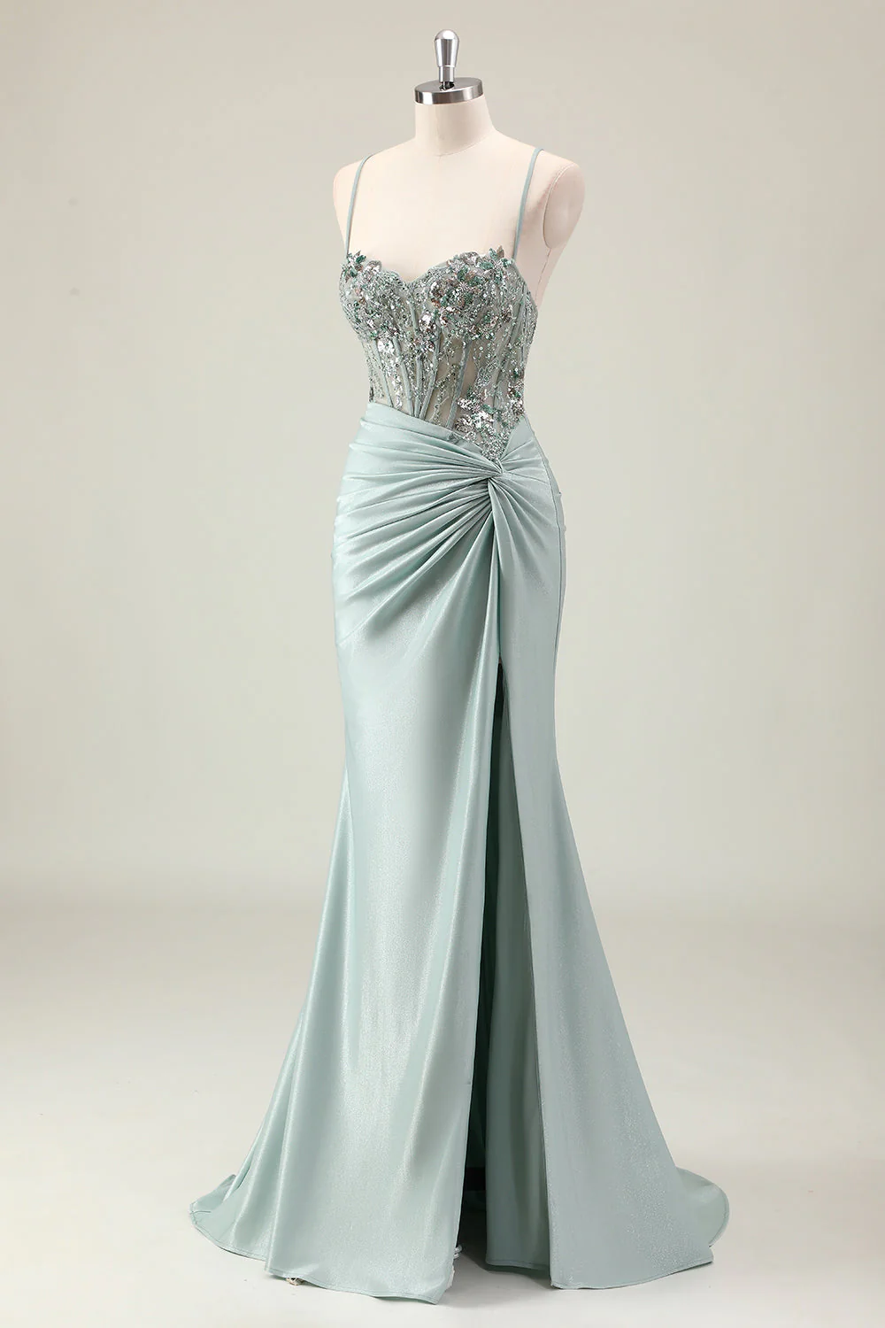 Sparkly Dusty Green Mermaid Sequins Spaghetti Straps Long Prom Dress with Slit - Image 3
