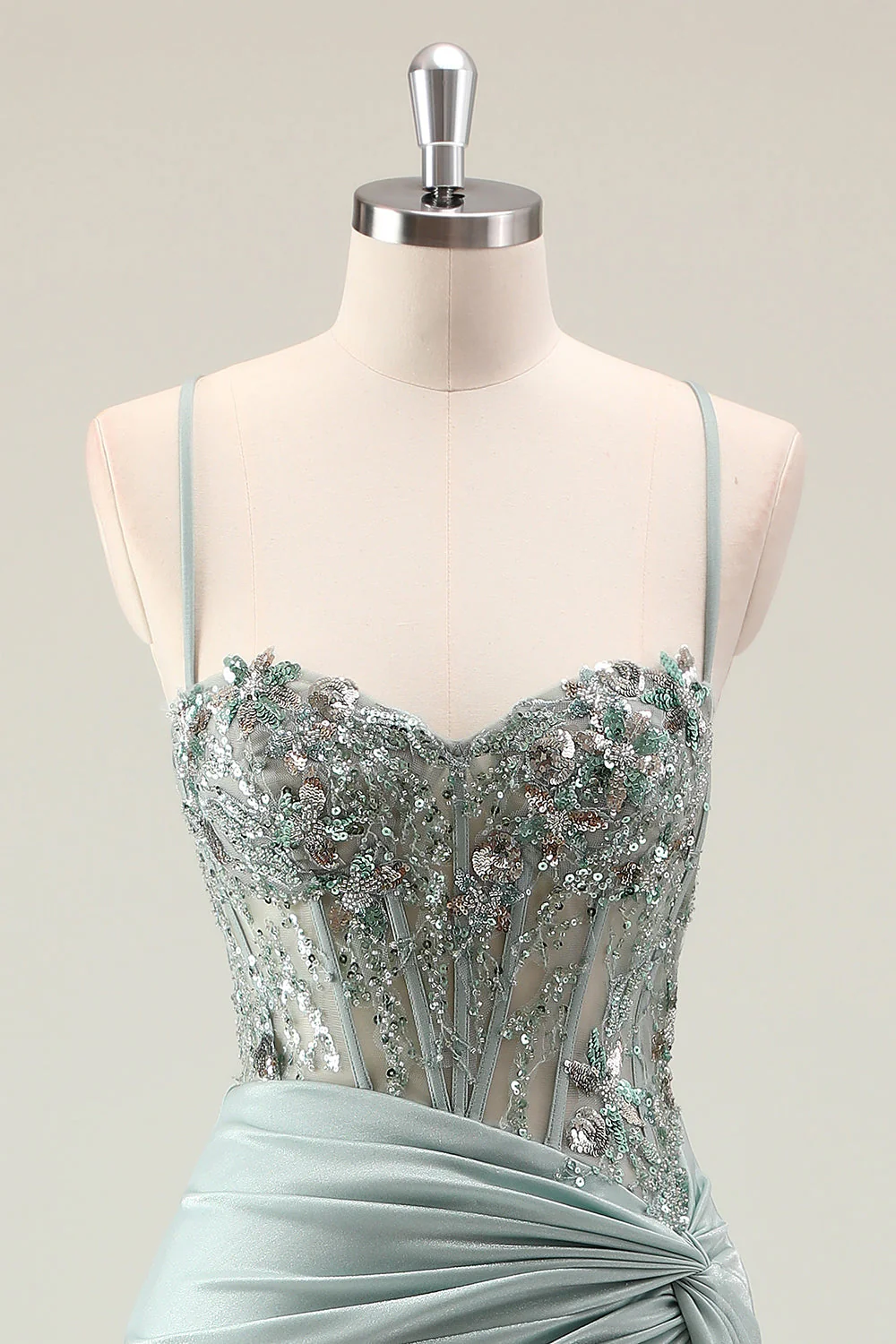 Sparkly Dusty Green Mermaid Sequins Spaghetti Straps Long Prom Dress with Slit - Image 4